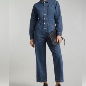 Lisa Says Gah Farrah Denim Coverall Jumpsuit Size Small Wide Leg Button Front